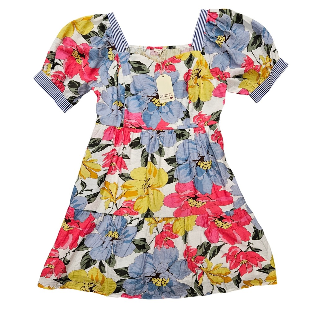 Jodifl Floral Puff Sleeve Tiered Mini Dress Blue Pink Yellow Striped Trim L